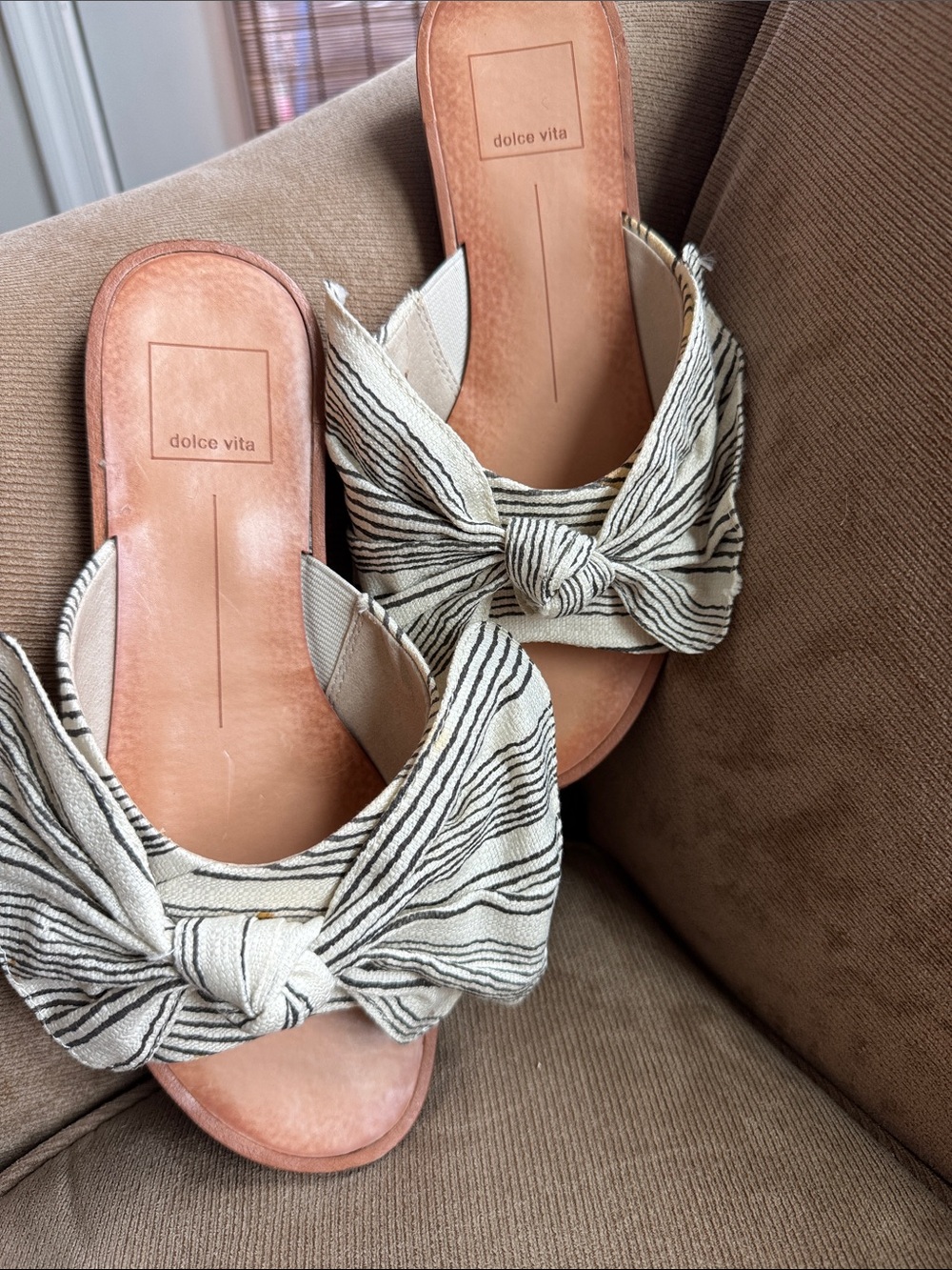 Dolce Vita Cream and Black Striped Bow Slide Sandals